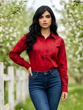 Wrangler Blues Tailored Red Button-Down Shirt Subtle Black Motif 100% Cotton